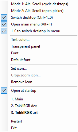 VD Jump menu showing shortcuts, panel settings, startup option, and named virtual desktops.